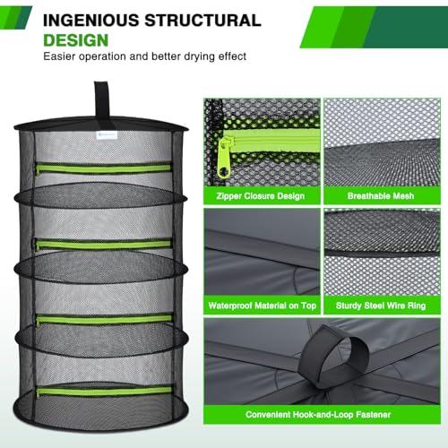 4 Layer Herb Drying Rack Hanging Mesh Net Foldable Plant Drying Racks 24" w Green Zipper Pruning Shears Hook Dryer Hanging Rack for Herbs Seed Bud Fruit Clothes Grow Tent Closets Garden Outdoor