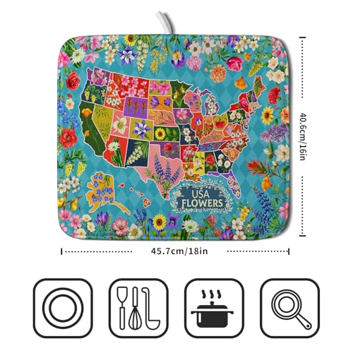 Flower Map Dish Drying Mat American Floral Decoration Coffee Mat for Kitchen Counter (Flower Map Green / 18" x 16")