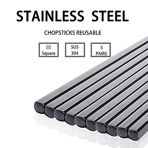 Metal Chopsticks Reusable Titanium Plated Stainless Steel Chopsticks Japanese Korean Chopsticks for Food & Cooking 9.5Inch Non (Black)