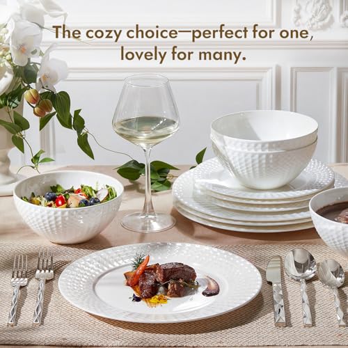 24Pc Rhombus Edge White Bone China Set (White-Rhombus / service for 8-24pcs)