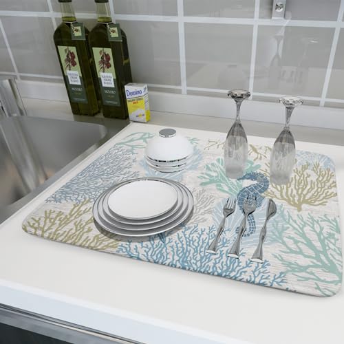 Blue Coral Dish Drying Mat Coastal Starfish Dishes Pad Hanging Drainer Mats Reversible Absorbent Kitchen Counter Protector 18x24 Inch (starfish coral / 18" x 24")