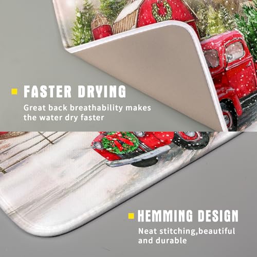 Red Truck Dish Drying Mat Xmas Tree Dish Drainer Rack Mat Winter Microfiber Absorbent Drying Pad for Home Kitchen Counter Decor 16x18 Inch (Xmas Red Truck / 16" x 18")