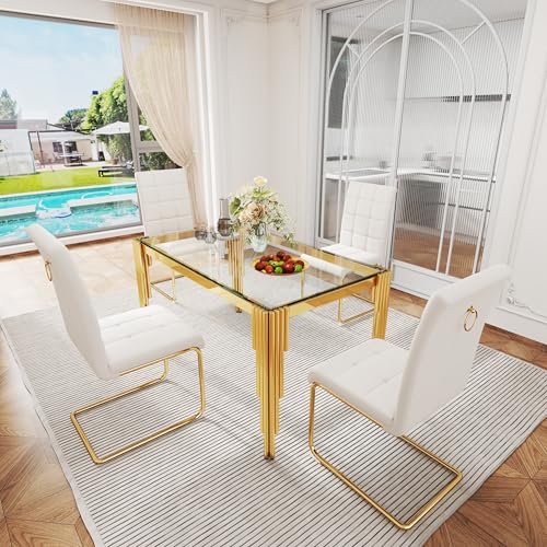 53'' Glass Dining Table Set for 4 (5PCS-52.76” L x 33.07” W x 29.53” H / Clear Gold - White Chair)