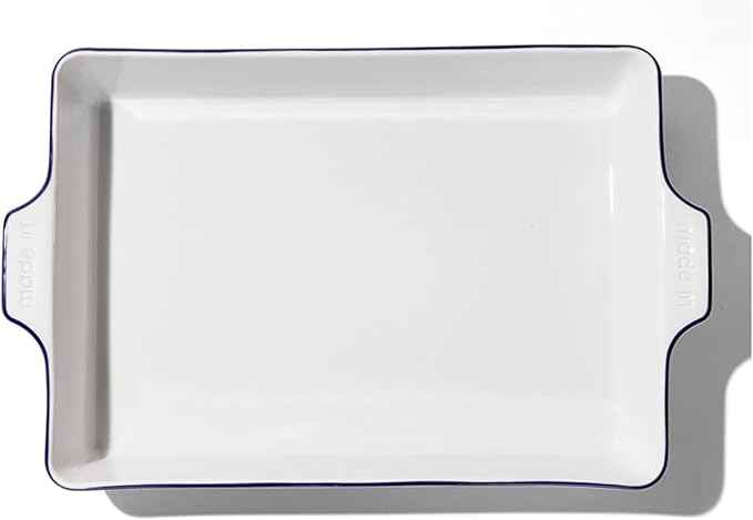 Made In Cookware | Rectangular Baking Dish | Navy Rim | Hand Crafted Porcelain | Professional Bakeware | Made in France