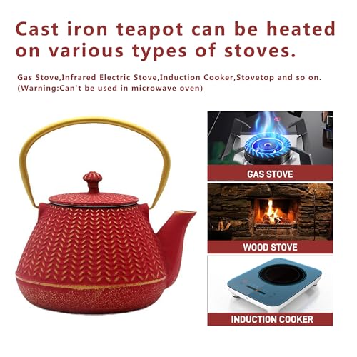 Small Cast Iron Tea Kettle for Stovetop Safe (Red, 1000ml/34oz)