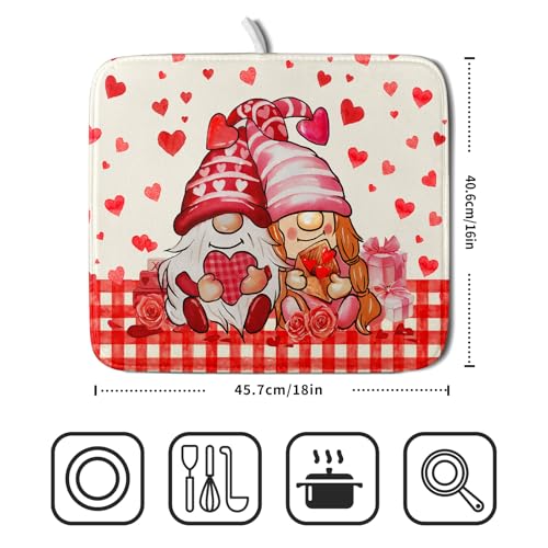 Love Gnome Dish Drying Mat 16"x18" Red Heart Microfiber Dish Drainer Rack Mat Holiday Absorbent Dishes Pad for Kitchen Counter Sink Decor (Love Gnome / 16" x 18")
