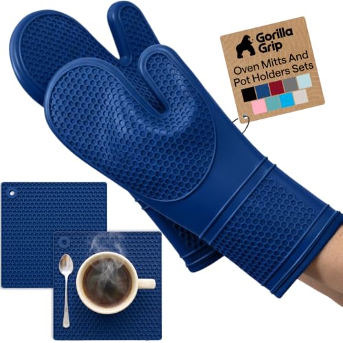 BPA Free Silicone Oven Mitts and Pot Holders Set (Blue / 12.5" Oven Mitts + 7" Trivets)
