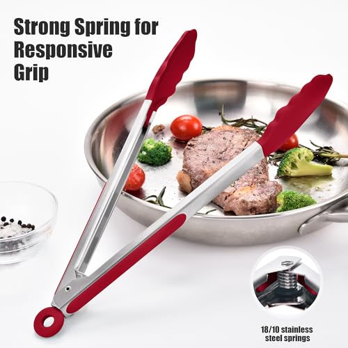 Kitchen Tongs with Silicone Tips for Cooking Serving (12in / Red)