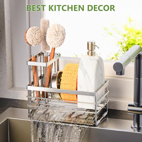 Sink Caddy Sponge Holder for Kitchen with Brush Holder and Stainless Steel Self Drain Tray (8.26'' / Silver)