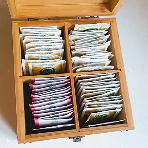 Tea Organizer Box 7.4" x 8.1" x 4.2" Bamboo Wood Organizer Storage Chest 4 Tall Adjustable Slots 100% Handmade Eco (4-Slot Square / Tea)