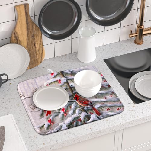 Red Birds Dish Drying Mat Winter Berry Dish Drainer Mats Absorbent Reversible Microfiber Kitchen Countertop Protector Dishes Pad 16x18 inch (Winter Red Bird / 16" x 18")