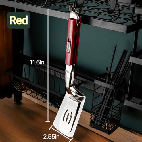 Anti Scald Extended Handle Spatula Tongs 11.6 Inch Multifunctional Stainless Steel Cooking Tongs Food Shovel Clamp for Flipping Steak Fish Bread Hamburger BBQ Frying Pancake Pies Pizza