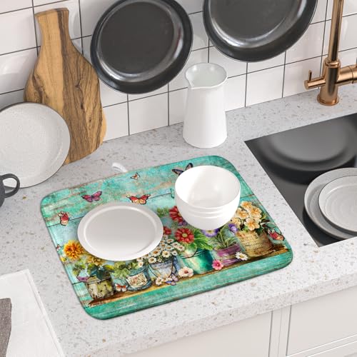 Vintage Flower Dish Drying Mat for Kitchen Counter 18 X16 in Teal (Green Flowers Jars / 18" x 16")