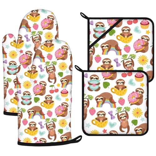 Cute Cartoon Sloth Oven Mitts and Pot Holders Sets 4Pcs (Cute Cartoon Sloth)