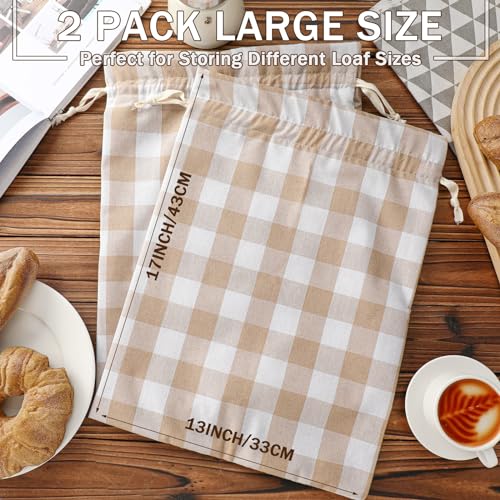 2 Pcs Linen Bread Bags for Homemade 13 x 17 Inches Sourdough Bread Container Reusable Linen Storage Bag with Plastic Saver Natural Large Storage for Artisan Bag (2 Count)