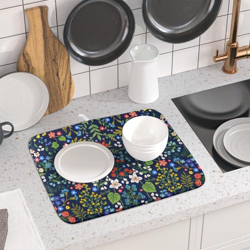 Flower Floral Dish Drying Mat Microfiber Navy Blue Absorbent Drying Pad for Kitchen Counter Small (Colored Flower / 18" x 16")