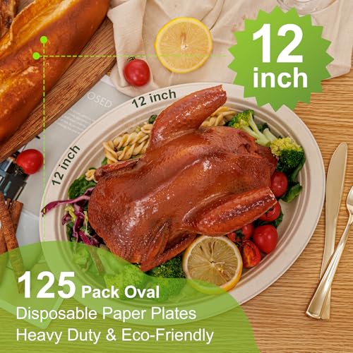 100% Compostable Oval Paper Plates 12 Inch 125 (Natural / 12Inch（125 PCS）)