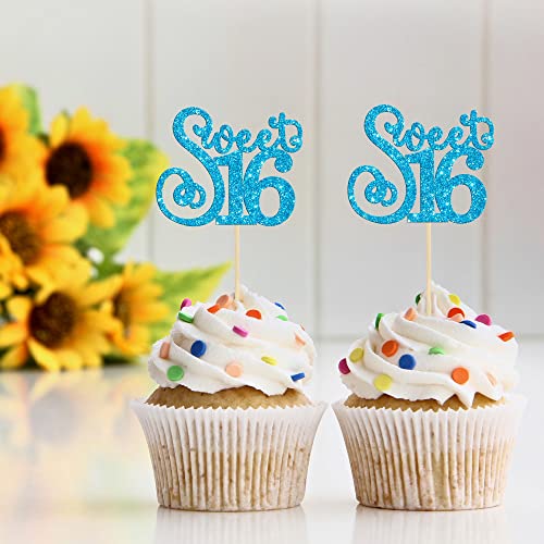24 Pack 16th Birthday Cupcake Toppers Glitter Sixteen Happy Sweet 16 Cupcake Picks Cheers to 16 Years Old Cupcake Decorations for 16th Birthday Anniversary Party Supplies Light Blue (24 Count)