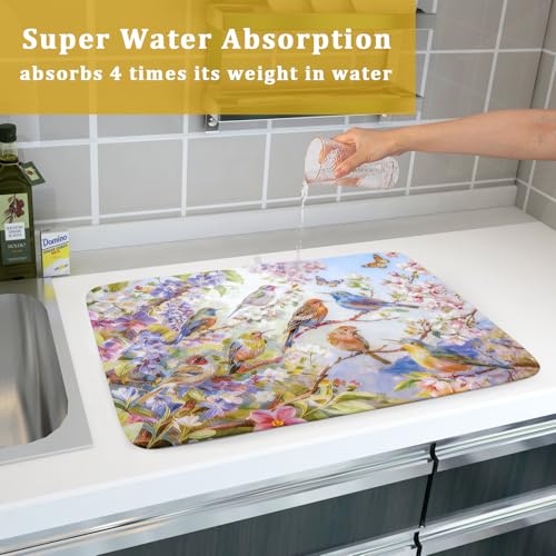 Floral Birds Dish Drying Mat Spring Decoration Absorbent Dish Drain Cloth Mat 18 X 24 for Kitchen Coffee Bar (Colorful Art Birds / 24" x 18")