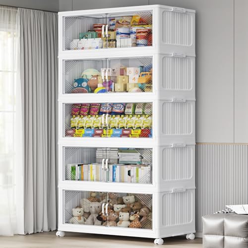 V60 700QT Plastic Stackable Storage Bins with Lid (White / 140QT-5Pack)