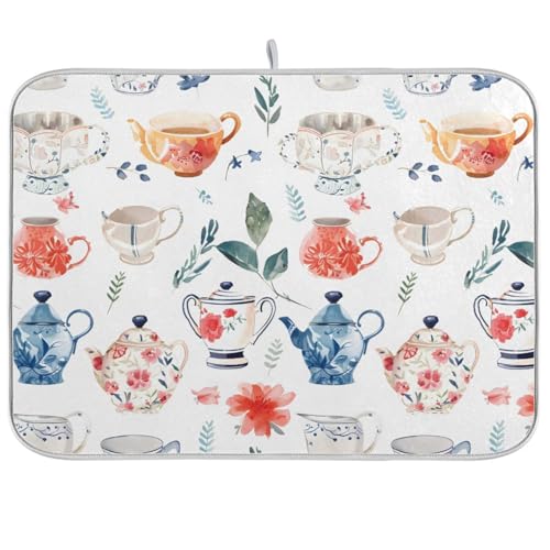 Watercolor Tea Cups Teapots Dish Drying Mat for Kitchen Counter Absorbent Microfiber Drying Pad (18" x 18")