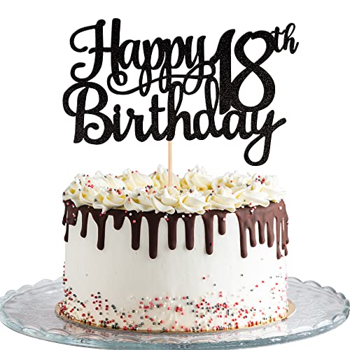 1 PCS Happy 18th Birthday Cake Topper Glitter Cheers to 18 Years Birthday Cake Pick 18 Fabulous Cake Decoration for Happy 18th Birthday Theme Party Decorations Supplies Black (Black / 18th)
