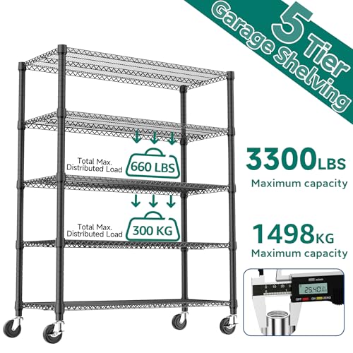3300LBS 53.1" W 5 Tiers Shelf Steel Storage Shelving Utility Shelving Unit Steel Organizer Wire Rack for Home (5 tier, 23.6" D x 53.1" W x 73.6" H / Black)