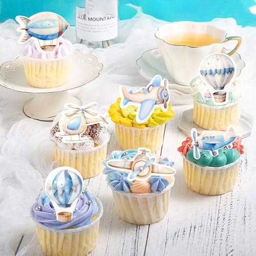 40Pcs Edible Watercolor Blue Airplanes Cupcake Toppers Edible Cartoon Hot Air Balloon Helicopter Cupcake Picks for Blue Boys Birthday Cupcake Decorations Airplane Baby Shower Cake Decorations (Edible-airplane)