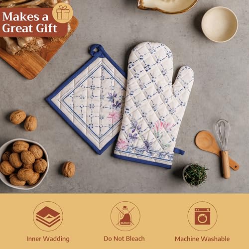 100% Cotton Oven Mitt & Pot Holder Set (015 - Faience / 7.5" x 13" & 8" x 8" (Oven Mitt & Pot Holder))