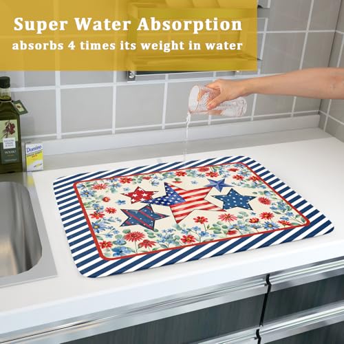 Patriotic Stars Dish Drying Mat for Kitchen Counter 4th of July Holiday Absorbent Reversible Microfiber Dish Pad Large (Patriotic Stars Blue / 24" x 18")