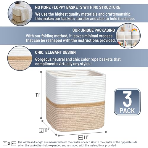 Storage Cubes 11 Inch Cotton Rope Woven Baskets for Organizing (Off White & Tan Brown & Mixed Tan Brown)