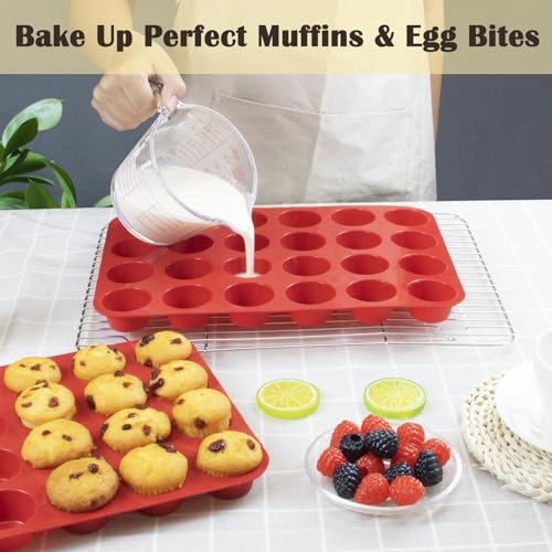24 Cups Silicone Mini Muffin Pan Set (Set of 2--24 Cups (Red+Red))