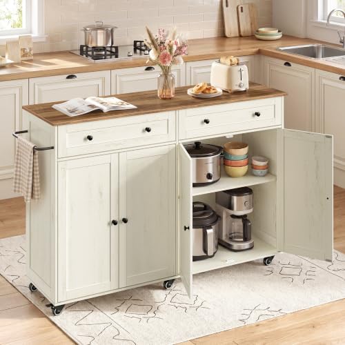 Mobile Kitchen Wooden Island Cart with Storage for Dining Room (Rustic White + Honey Brown / 15.8"D x 53.7"W x 35.1"H)