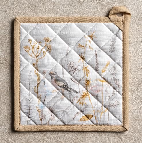 Pot Holders 100% Cotton Potholders (088 - Meadow Florals - Beige / 8" x 8" (Pot Holder Pack of 2))