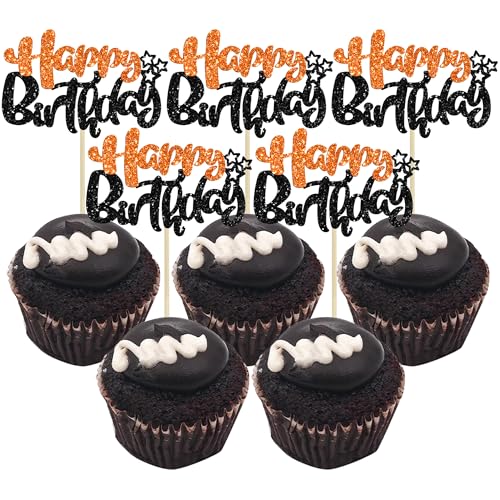 24Pcs Happy Birthday Cupcake Toppers Double Layer Glitter Happy Birthday Cake Decorations for Halloween Baby Shower Theme Anniversary Party Cake Decorations Supplies Black Orange (Style 1 / Black Orange)