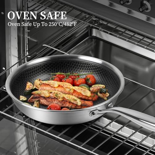 Stainless Steel Frying Pan Nonstick Frying Pan with Lid 10 Inch Honeycomb Stainless Steel Skillet Woks Pan for Gas Electric Induction Ceramic Stoves and Oven (10 Inch With Lid)
