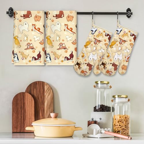 Cute Dogs Kitchen Towels and Oven Mitts Set 4Pcs (Dog)