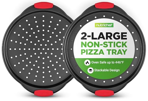 2-Piece 13-Inch Nonstick Pizza Tray, Round Carbon Steel Non-Stick Pizza Pan with Perforated Holes, Premium Bakeware Pizza Screen with Silicone Grip Handles, Dishwasher Safe, NCBPIZX2 (2 Count)