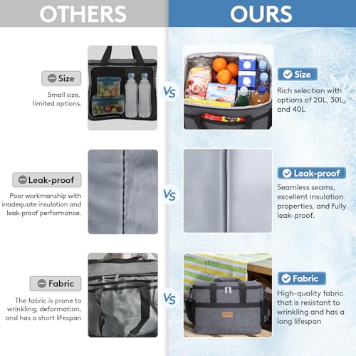 Cooler Bag 30 Cans Collapsible and Insulated Large Lunch Bag Leakproof Soft Cooler Portable for Camping (30-Can(20L) / Dark Gray)