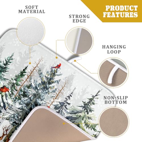 Pine Tree Dish Drying Mat for Kitchen Counter 16x18 Inch Forest Deer Absorbent Dishes Drainer Mats Reversible Microfiber Quick Dry Rack Pad (Pine Tree Deer / 16" x 18")