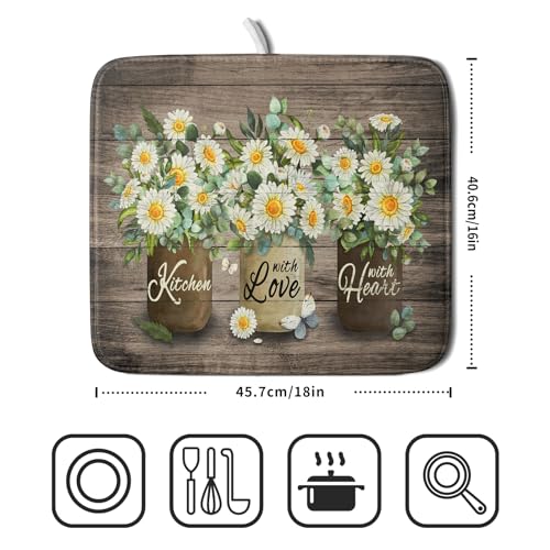 Flower Vase Dish Drying Mats 16x18 Inch Rustic Wood Reversible Microfiber Kitchen Countertop Protector Fast Dry Dish Drainer Rack Pad (flower vase wood / 16" x 18")