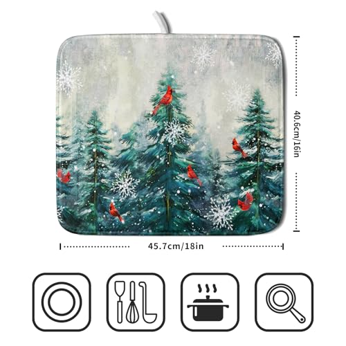 Pine Tree Dish Drying Mat for Kitchen Countertop Red Bird Dishes Mats Winter Decorative Absorbent Reversible Drainer Rack Pad 16x18 Inch (Pine Red Bird / 16" x 18")