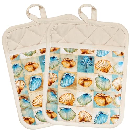 Pot Holders Set of 2 Heat Resistant 480 ℉Non Slip Clear Silicone Printed Comfortable Cotton Lining Kitchen Women Men Cooking Baking Microwave Machine Washable (Shell, Beige Potholders)