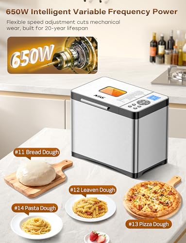 19-in-1 Programmable Bread Maker, 2.2LB Bread Machine with Healthy Ceramic Pan, Stainless Steel Bread Maker Machine with 15H Timer& 1H Keep Warm, Sourdough, Gluten Free, 3 Crust Colors, 53 Recipes (Solid Silver Stainless Steel)
