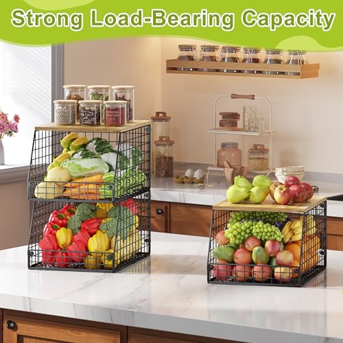 4 Pack Stackable Wire Baskets with Fixed Wooden Top (4 Pack with Wooden Top—Narrow 11.8"W x 15.4" D)