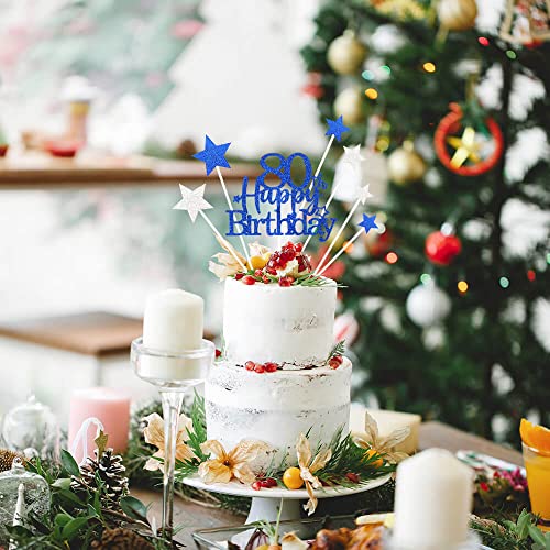 Royal Blue 80th Birthday Cake Topper with Glittery Stars (7 Count)