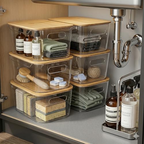 6 Pack Clear Stackable Storage Bins with Bamboo Lids (6 Pack Storage Bins with Lids)