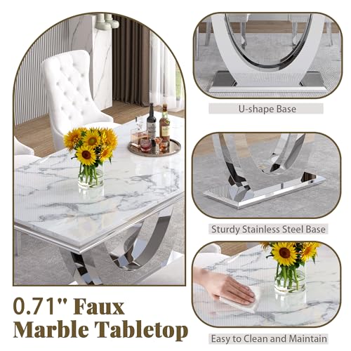 Marble Dining Table Set for 4 (Silver-white & White Chairs / 5-piece (Table + 4 Chairs))