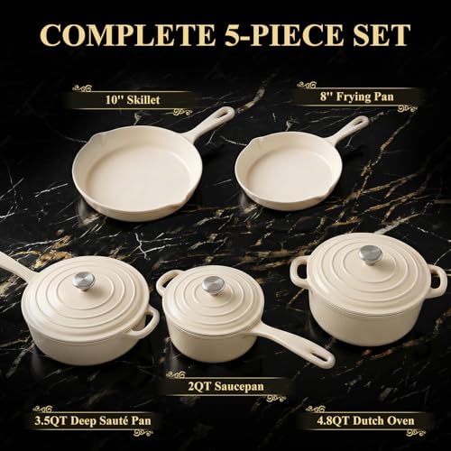 5 Piece White Enameled Cast Iron Cookware Set (White H)