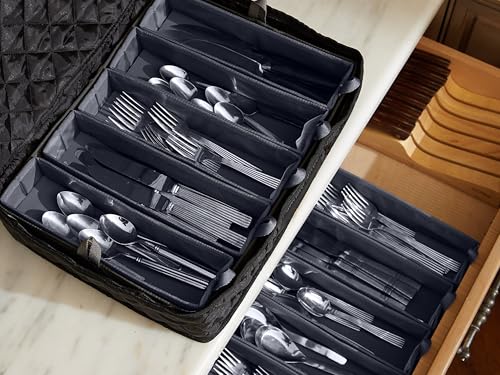 Flatware Storage Case with Removable Trays (Black Quilted Polyester / 15.5 x 11.5 x 3.5)